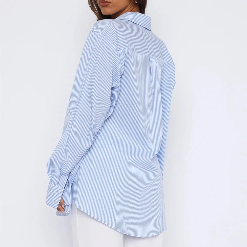 White Fox Boutique Always About Us Striped Button Up Shirt Light Blue Size S/M - Picture 8 of 15